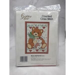 Vintage Golden Bee Counted Cross Stitch Kit with Frame Bear and Bunny 5x7